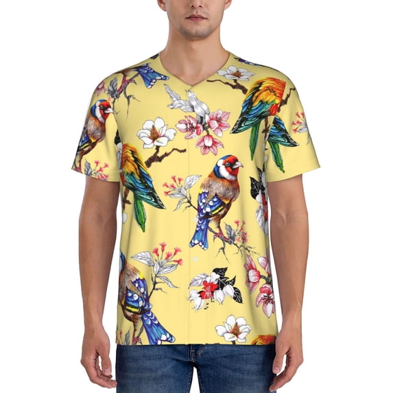 Fotbe Beautiful Bright Birds And Flowers Baseball Jersey Shirt for Men and Women, Casual Short Sleeves Button Down T-Shirt-Small