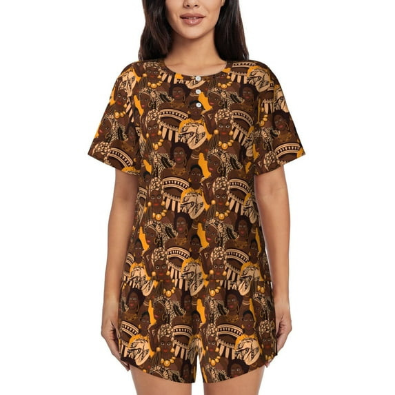 Fotbe Beautiful Ethnic African Women Print Pajama Set for Women 2 Piece Loungewear Short Sleeve Tops and Shorts Set Soft Sleepwear-4X-Large