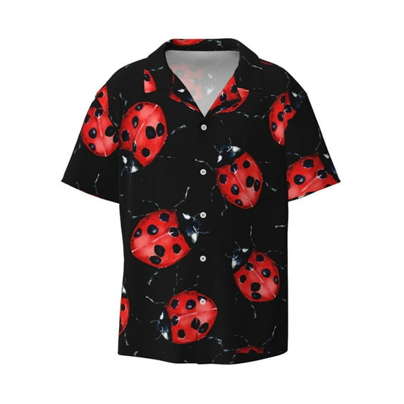 Fotbe Beautiful Red Ladybug print Short Sleeve Button Down Shirts for Men Casual Summer Beach Wrinkle Free Shirt-Large