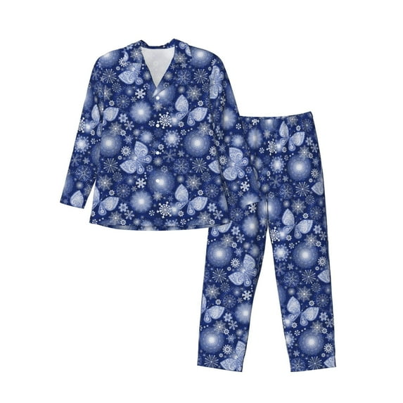 Fotbe Beautiful Snowflake Butterfly Pattern Long Sleeve Pajama Set for Men,Sleepwear Set,2-piece Loungewear Set,Soft PJs Comfy Nightwear with Pockets-Large