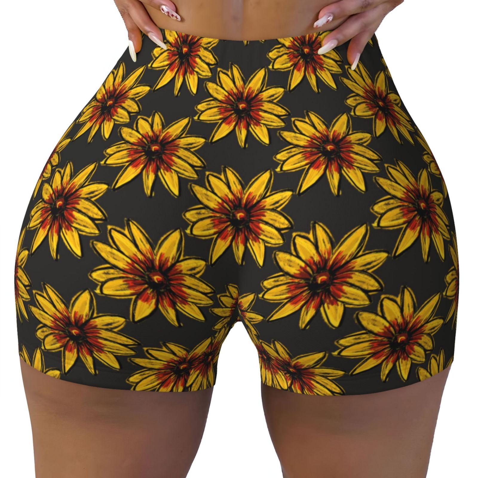 Fotbe Beautiful Sunflower Seamless Shorts, Womens Workout Shorts High