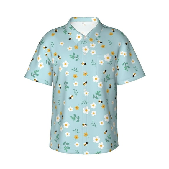 Fotbe Bee Flower Hawaiian Shirt for Men Unisex Summer Beach Casual Short Sleeve Cotton Linen Button Down Shirts-Large