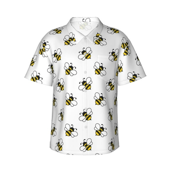 Fotbe Bee Hawaiian Shirt for Men Unisex Summer Beach Casual Short Sleeve Cotton Linen Button Down Shirts-Large