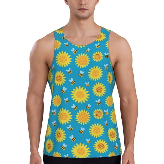 Fotbe Bee Sunflower Pattern Men's Quick Dry Workout Tank Top Gym Muscle Tee Fitness Bodybuilding Sleeveless T Shirt Breathable Workout Shirt-Medium