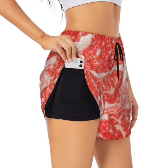 Fotbe Beef Steaks Womens High Waist Running Shorts Athletic Workout Quick Dry Shorts for Women with Pockets Gym Yoga Summer Shorts-Small