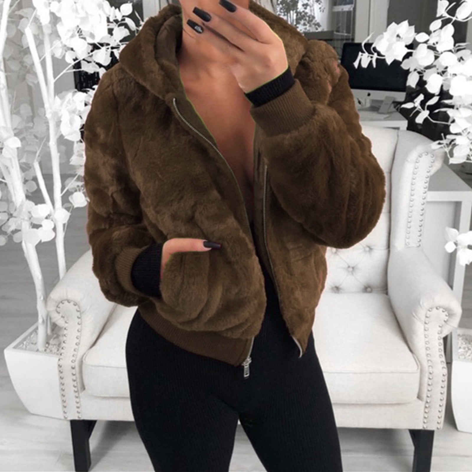 Ladies Long Sleeve Pocket Pure Color Bunny Coat Jackets for Women Long Jacket for Women Womens Zippe Wool Jacket Women Zip up Jacket Jackets Women with Hood Plain Jacket with Sleeves Casual Wrap