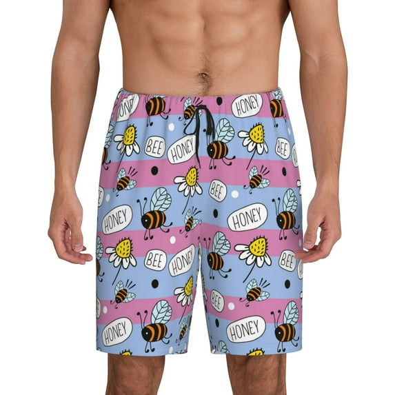 Fotbe Bees And Daisies Striped Pajama Shorts for Men, Men's Pajama Bottoms, Sleepwear,Short Pajama Pants-Small