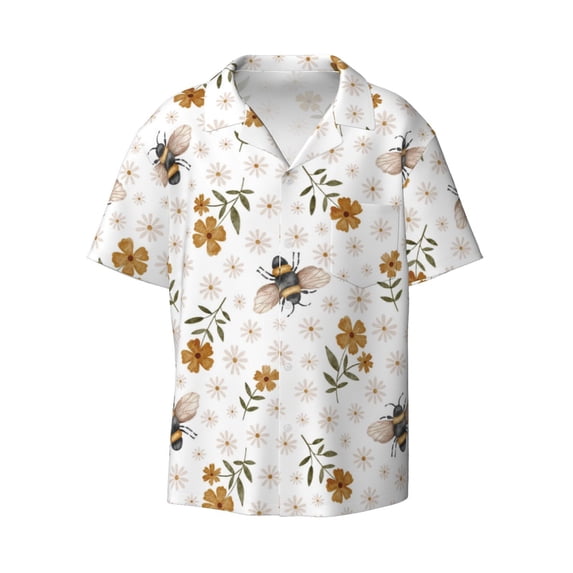 Fotbe Bees And Flowers print Short Sleeve Button Down Shirts for Men Casual Summer Beach Wrinkle Free Shirt-Medium