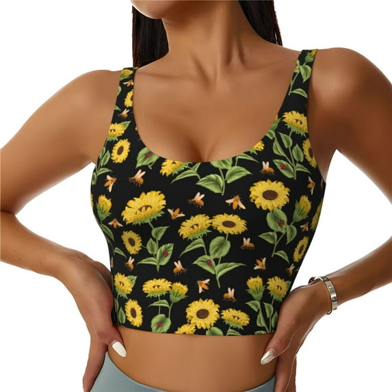 Fotbe Bees and Sunflowers Pattern Womens' Sports Bra Longline Wirefree Padded with Medium Support Sports Moisture-Wicking Workou Vest,Tank Top-X-Large