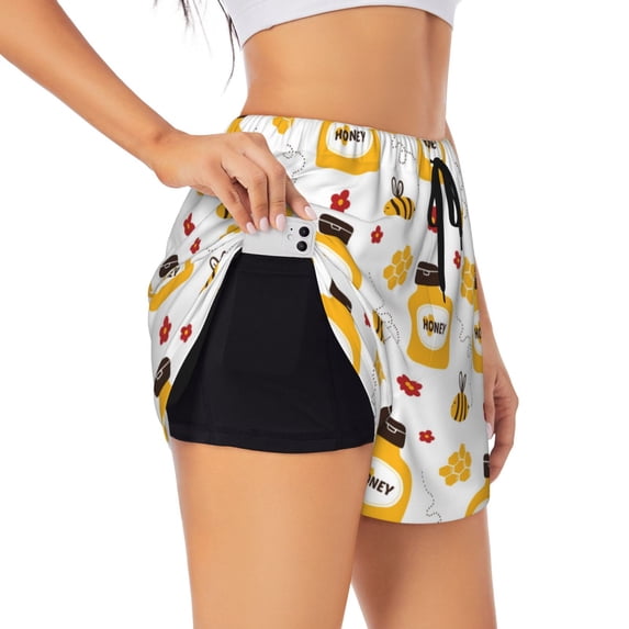 Fotbe Bees and Flowers Womens High Waist Running Shorts Athletic Workout Quick Dry Shorts for Women with Pockets Gym Yoga Summer Shorts-