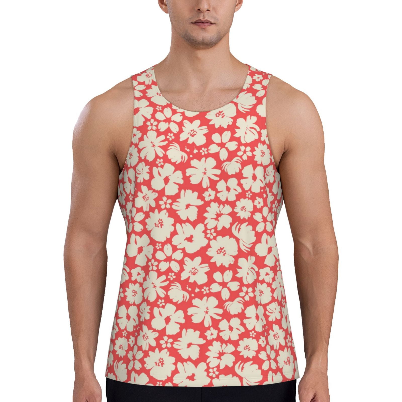 Fotbe Beige Flowers Pattern Men's Quick Dry Workout Tank Top Gym Muscle