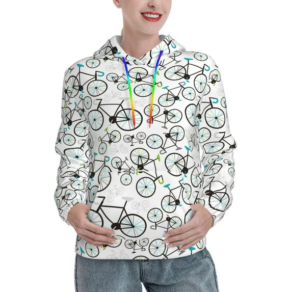 Fotbe Bicycle Pattern Womens Long Sleeve Hoodie, Pullover Hooded Sweatshirt, Kangaroo Pocket Hoodie with Eye-catching Drawstrings-Large