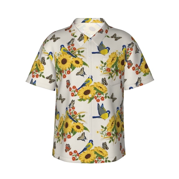 Fotbe Bird Sunflowers Hawaiian Shirt for Men Unisex Summer Beach Casual Short Sleeve Cotton Linen Button Down Shirts-XX-Large