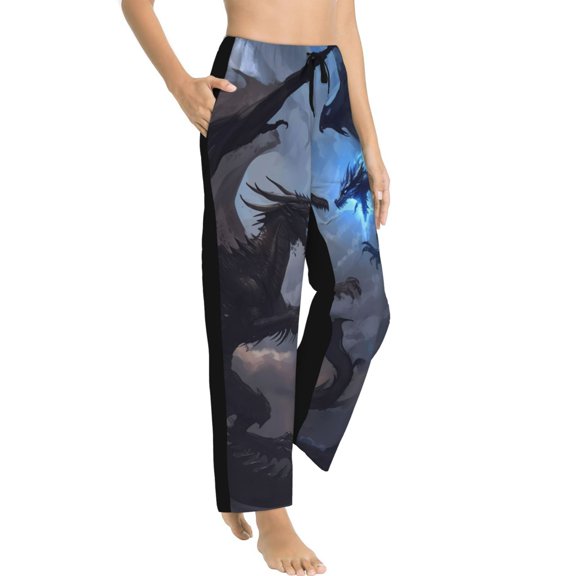 Fotbe Black And Blue Lightning Dragon Women's Pajama Pants,Sleepwear Pants,Pj Bottoms Drawstring And Pockets-