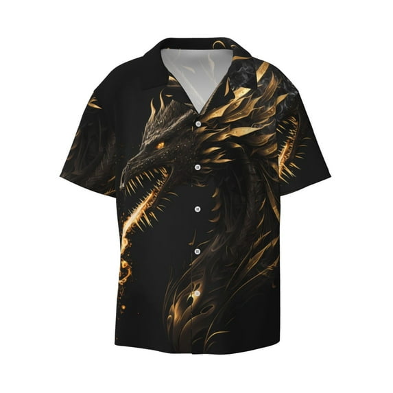Fotbe Black And Gold Fire Dragon print Short Sleeve Button Down Shirts for Men Casual Summer Beach Wrinkle Free Shirt-Medium