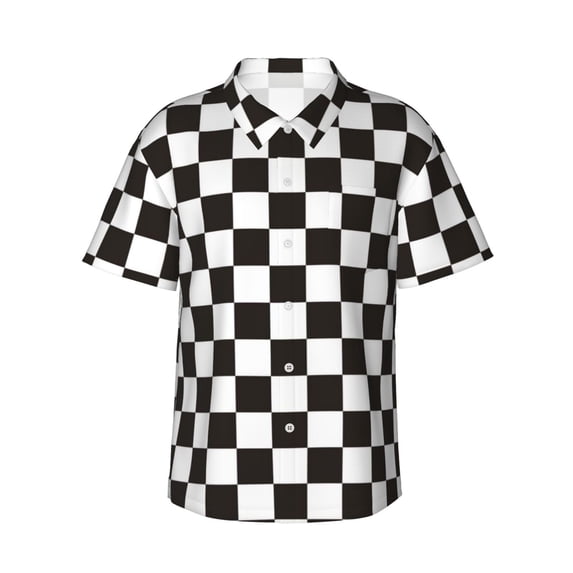 Fotbe Black And White Checkerboard Hawaiian Shirt For Men Unisex Summer Beach Casual Short Sleeve Cotton Linen Button Down Shirts-Medium