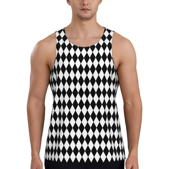 Fotbe Black And White Diamonds Pattern Men's Quick Dry Workout Tank Top Gym Muscle Tee Fitness Bodybuilding Sleeveless T Shirt Breathable Workout Shirt-Large