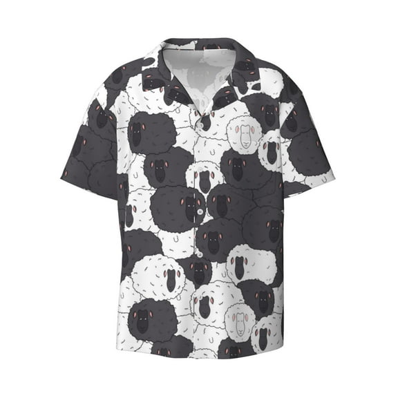 Fotbe Black And White Sheeps print Short Sleeve Button Down Shirts for Men Casual Summer Beach Wrinkle Free Shirt-Medium