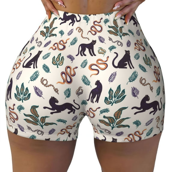 Fotbe Black Cat And Snake Seamless Shorts, Womens Workout Shorts High Waist Stretch Booty Short for Gym/Yoga/Running/Biking-Small