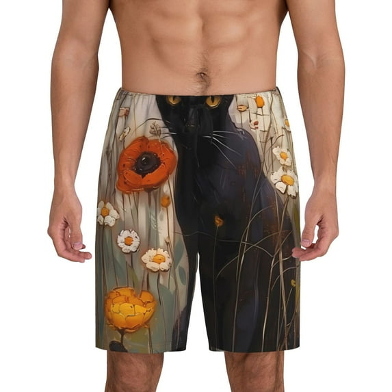 Fotbe Black Cat in Wildflowers Pajama Shorts for Men, Men's Pajama Bottoms, Sleepwear,Short Pajama Pants-3X-Large