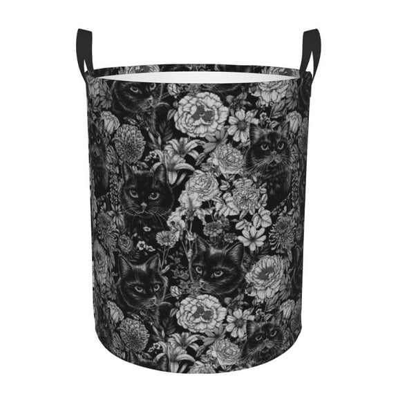 Fotbe Black Cats In A Garden Pattern Laundry Basket with Handles, Waterproof Large Laundry Hamper, Wash Bag for Corner Dorm, Rolling Laundry Basket with Handles-Small