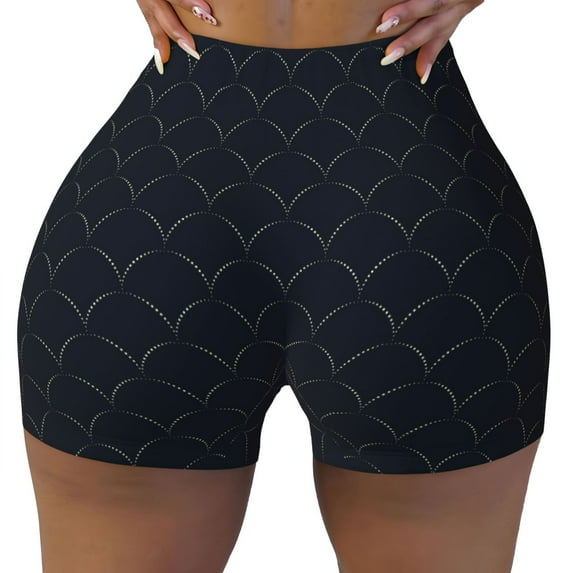 Fotbe Black Fish scales Seamless Shorts, Womens Workout Shorts High Waist Stretch Booty Short for Gym/Yoga/Running/Biking-Small
