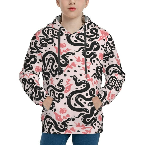 Fotbe Black Snake Pattern Youth Pullover Hooded Sweatshirt, Boys Hoodie, Kangaroo Pocket Hoodie for Kids Girls -X-Large