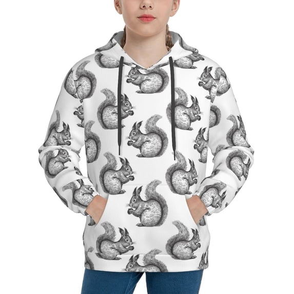 Fotbe Black Squirrel Pattern Youth Pullover Hooded Sweatshirt, Boys Hoodie, Kangaroo Pocket Hoodie for Kids Girls -Large