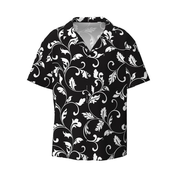 Fotbe Black White Leaves print Short Sleeve Button Down Shirts for Men Casual Summer Beach Wrinkle Free Shirt-X-Large