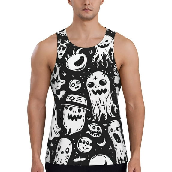 Fotbe Black White Spooky Ghosts Pattern Men's Quick Dry Workout Tank Top Gym Muscle Tee Fitness Bodybuilding Sleeveless T Shirt Breathable Workout Shirt-XX-Large