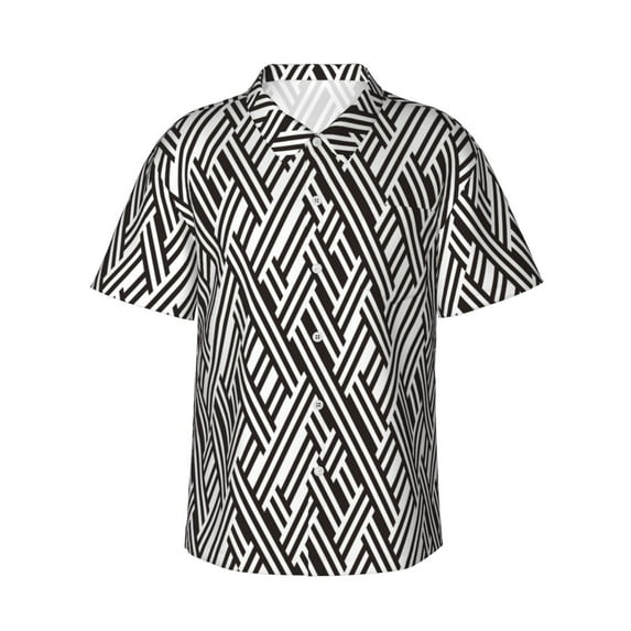 Fotbe Black White Stripes Hawaiian Shirt for Men Unisex Summer Beach Casual Short Sleeve Cotton Linen Button Down Shirts-Large