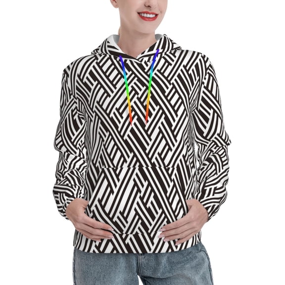 Fotbe Black White Stripes Pattern Womens Long Sleeve Hoodie, Pullover Hooded Sweatshirt, Kangaroo Pocket Hoodie with Eye-catching Drawstrings-Medium