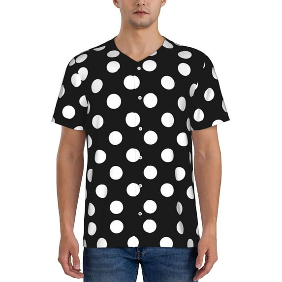 Fotbe Black and White Polka Dot Baseball Jersey Shirt for Men and Women, Casual Short Sleeves Button Down T-Shirt-X-Large