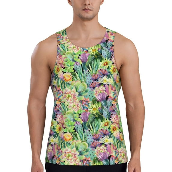 Fotbe Blooming Cactus Pattern Men's Quick Dry Workout Tank Top Gym Muscle Tee Fitness Bodybuilding Sleeveless T Shirt Breathable Workout Shirt-Small
