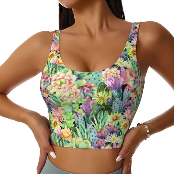 Fotbe Blooming Cactus Pattern Womens' Sports Bra Longline Wirefree Padded with Medium Support Sports Moisture-Wicking Workou Vest,Tank Top-XX-Large