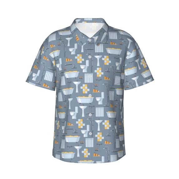 Fotbe Blue Bathroom Hawaiian Shirt for Men Unisex Summer Beach Casual Short Sleeve Cotton Linen Button Down Shirts-3X-Large