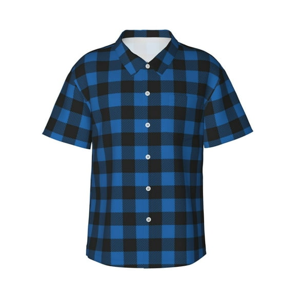 Fotbe Blue Black Plaid Hawaiian Shirt for Men Unisex Summer Beach Casual Short Sleeve Cotton Linen Button Down Shirts-XX-Large