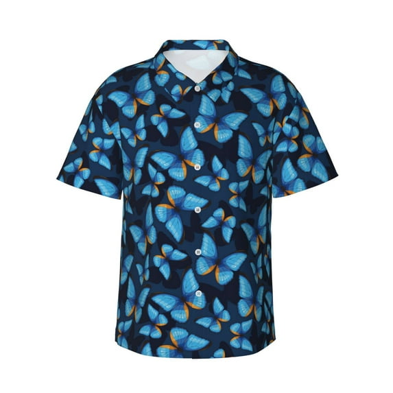 Fotbe Blue Butterfly Hawaiian Shirt for Men Unisex Summer Beach Casual Short Sleeve Cotton Linen Button Down Shirts-X-Large