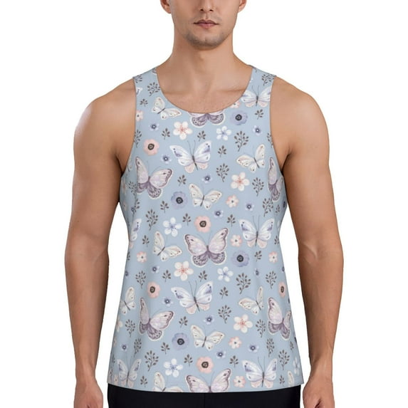 Fotbe Blue Butterfly Pattern Men's Quick Dry Workout Tank Top Gym Muscle Tee Fitness Bodybuilding Sleeveless T Shirt Breathable Workout Shirt-Medium