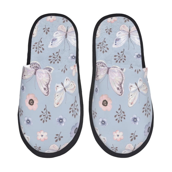 Fotbe Blue Butterfly Pattern Women's Fuzzy Slippers Plush Slippers Fluffy Winter House Shoes Indoor and Outdoor-Large