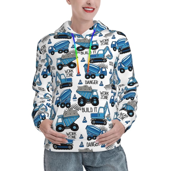 Fotbe Blue Excavator Pattern Womens Long Sleeve Hoodie, Pullover Hooded Sweatshirt, Kangaroo Pocket Hoodie with Eye-catching Drawstrings-Medium