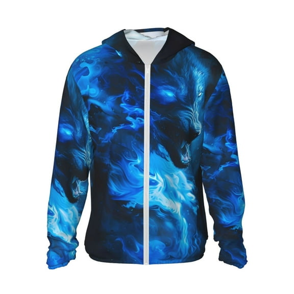 Fotbe Blue Fire Cool Wolf Men's Women's UPF 50 Sun Protection Jacket Hooded Cooling Shirt with Pockets Hiking Outdoor Performance-Large