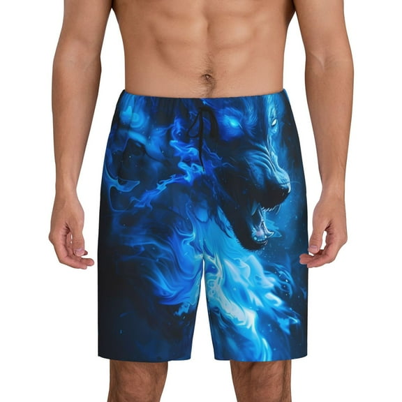 Fotbe Blue Fire Cool Wolf Pajama Shorts for Men, Men's Pajama Bottoms, Sleepwear,Short Pajama Pants-Medium