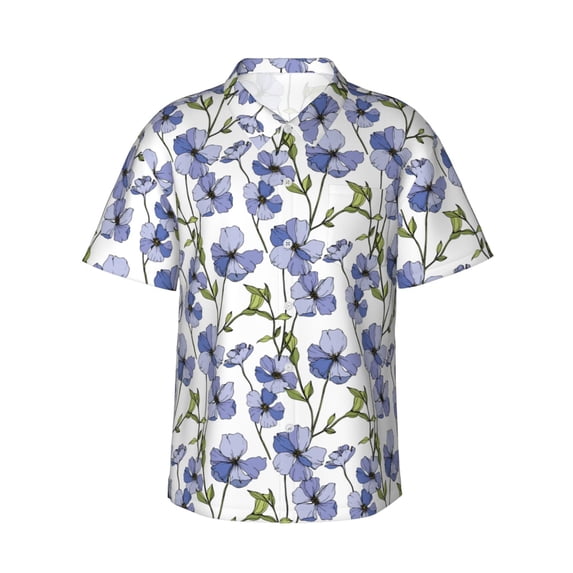 Fotbe Blue Flax Flowers Hawaiian Shirt for Men Unisex Summer Beach Casual Short Sleeve Cotton Linen Button Down Shirts-Small