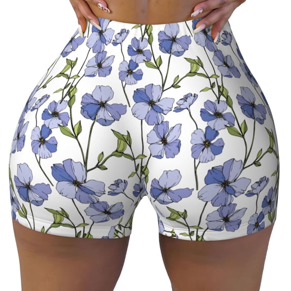 Fotbe Blue Flax Flowers Seamless Shorts, Womens Workout Shorts High Waist Stretch Booty Short for Gym/Yoga/Running/Biking-Small