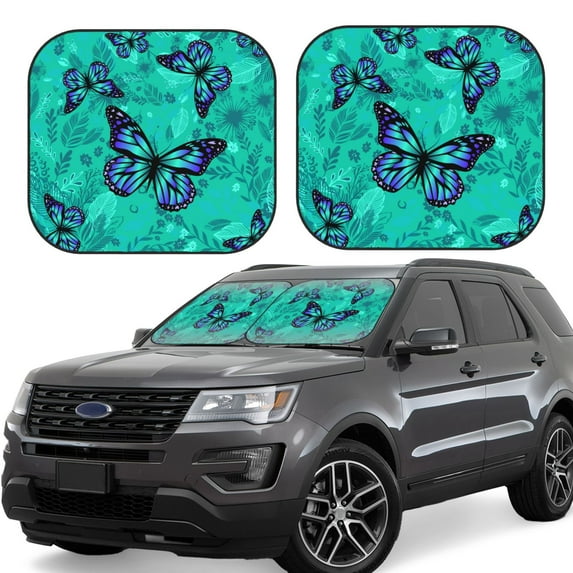 Fotbe Blue Floral with Butterflies 2-Piece Car Windshield Sun Shade | Sun Blocker for Car Windshield | Foldable Automotive Interior Accessories for Sun Protection-Medium