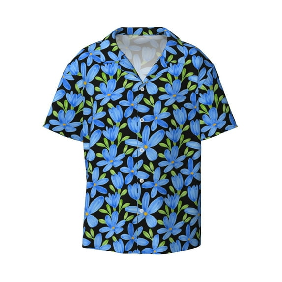 Fotbe Blue Flowers print Short Sleeve Button Down Shirts for Men Casual Summer Beach Wrinkle Free Shirt-3X-Large