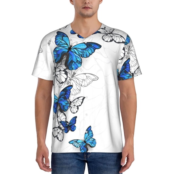 Fotbe Blue Flying Butterflies Baseball Jersey Shirt for Men and Women, Casual Short Sleeves Button Down T-Shirt-X-Large