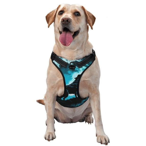 Fotbe Blue Full Moon Wolf Pattern Dog Harness, No-Pull Pet Harness with 2 Leash Clips, Adjustable Soft Padded Dog Vest with Easy Control Handle for Large Dogs-Medium