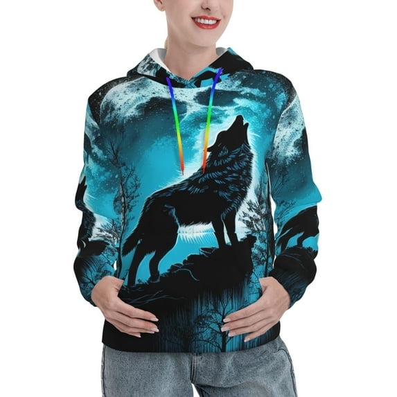 Fotbe Blue Full Moon Wolf Pattern Womens Long Sleeve Hoodie, Pullover Hooded Sweatshirt, Kangaroo Pocket Hoodie with Eye-catching Drawstrings-XX-Large